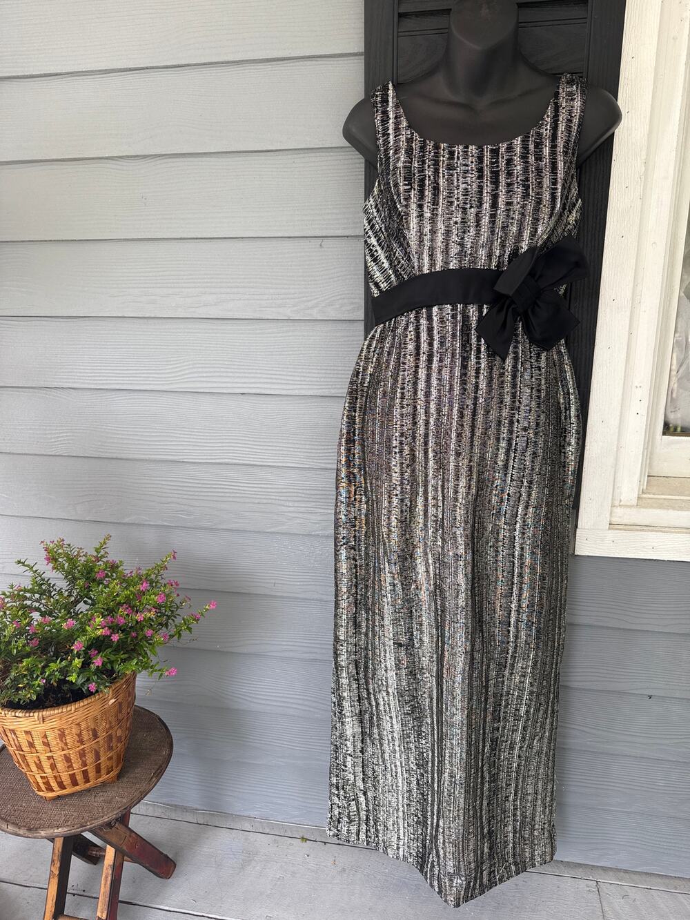 1950s Shimmery Gown Dress with Bow Detail and Zipper